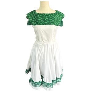 Handmade White & Green Square Dance Dress Shamrock Ruffle Lace Swing A-Line